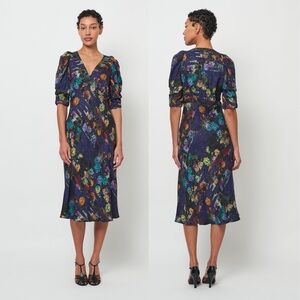 Raquel Allegra Greta 100% Silk Floral Midi Dress Small US 4 Bias Cut